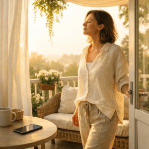 A hand pours water from a clear glass pitcher into a tumbler beside a sunlit breakfast setup, emphasizing mindful balance and natural light over screen time.