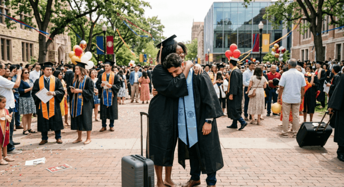 Two recent graduates share a long, emotional hug amid post‑ceremony crowds on a bright campus quad, symbolizing relationship transitions after college as friendship and connection evolve toward new journeys.