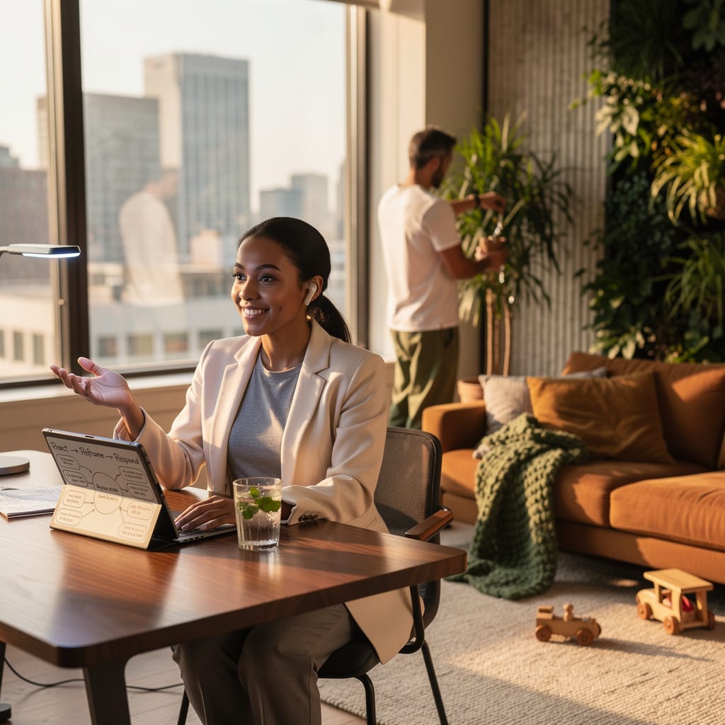 A woman works calmly at a city‑view desk while her partner waters plants in the same airy loft, reflecting emotional agility in Americavgraceful balance between work focus and personal connection in modern life.