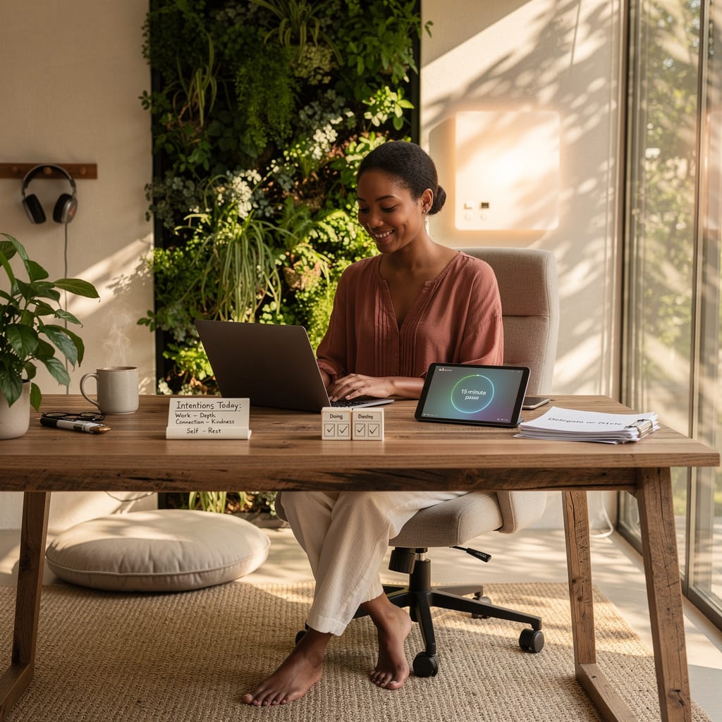 A woman closes her laptop in a serene, sunlit home workspace, exhaling a quiet smile that reflects unlearning the busy badge balancing productivity with presence, structure with ease, and ambition with rest.