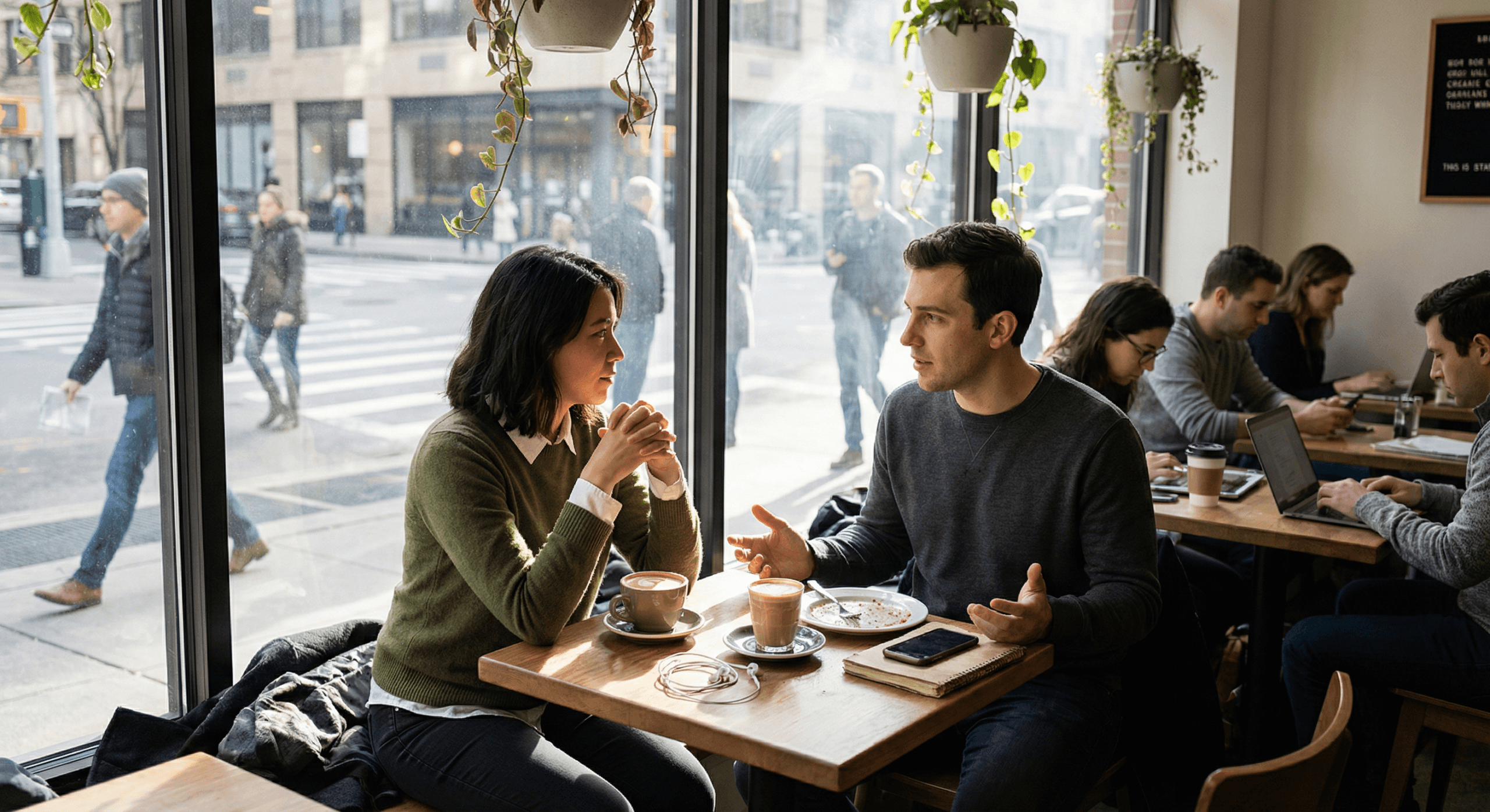 Two partners talk at a sunlit café table, phones set aside as they reconnect, symbolizing how modern life tests emotional intelligence in relationships through distractions and mindful attention.
