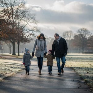 A family strolls through a chilly park with sun breaking through clouds, symbolizing stability and returning normalcy.