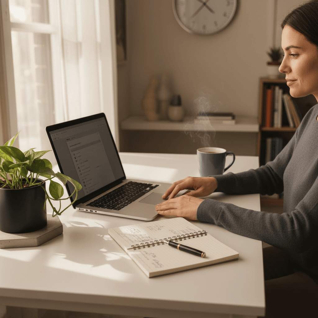 A person works calmly at a balanced desk using a tablet beside a notebook, tea, and a plant, symbolizing mindful integration of technology with everyday life.