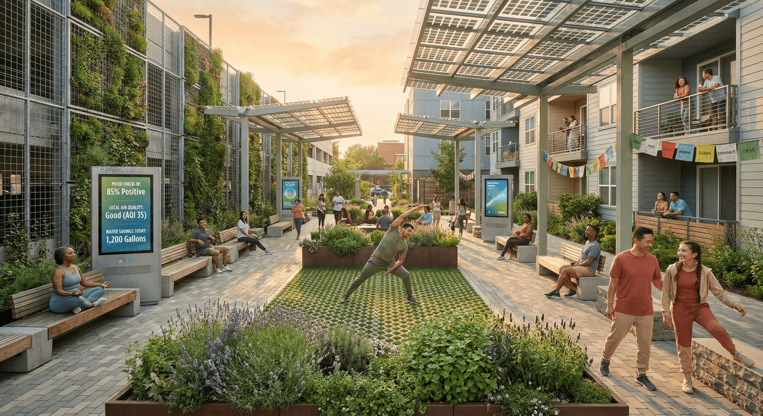 Residents of different ages and backgrounds stretch, breathe, and laugh together in a solar‑shaded plaza, showing thriving in America through the integration of well‑being, connection, and sustainable community design.