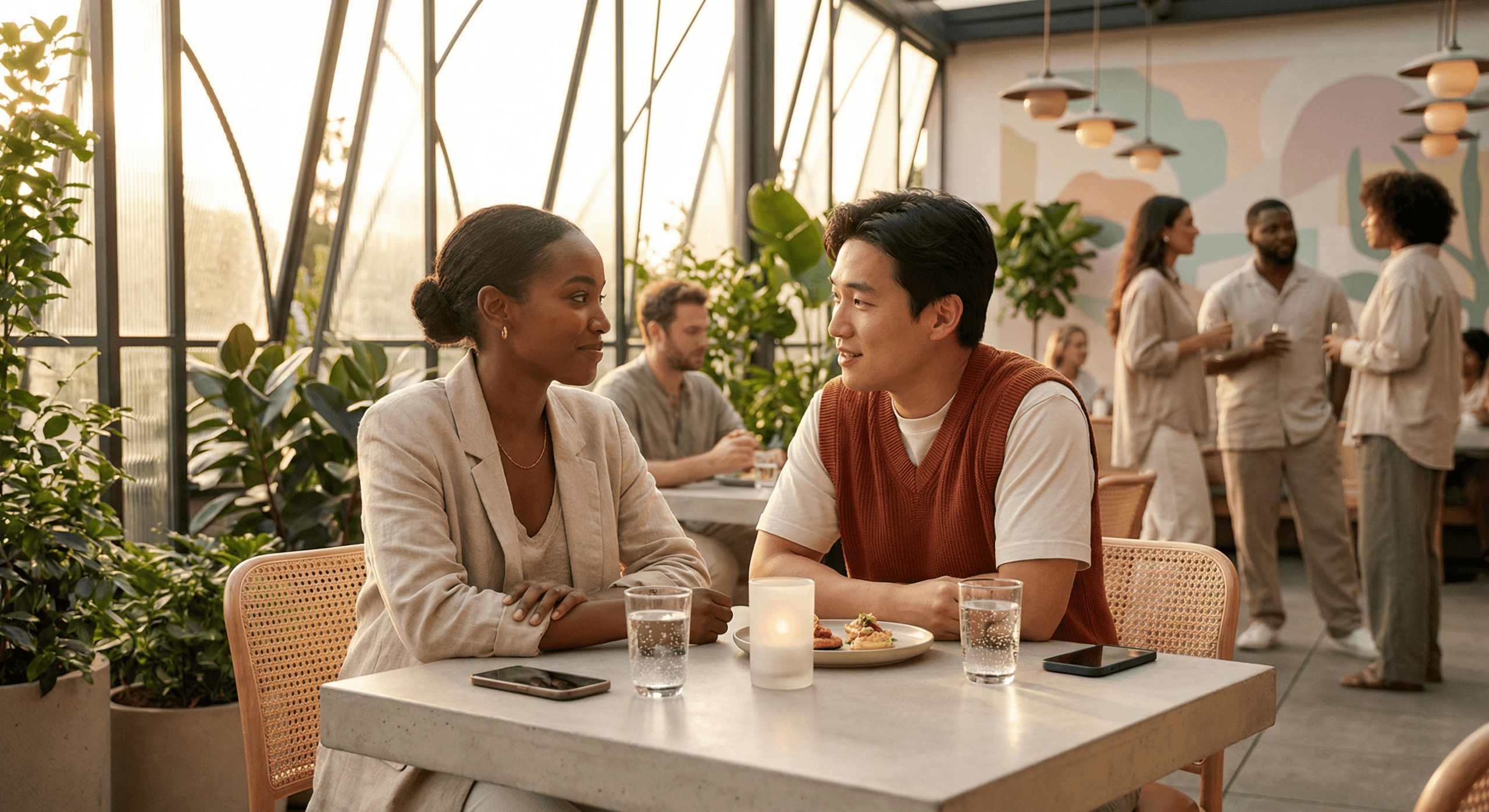 A couple talks warmly at a modern restaurant terrace during golden hour, phones set aside, their relaxed focus and gentle eye contact embodying intentional dating building meaningful connections through curiosity and calm presence.