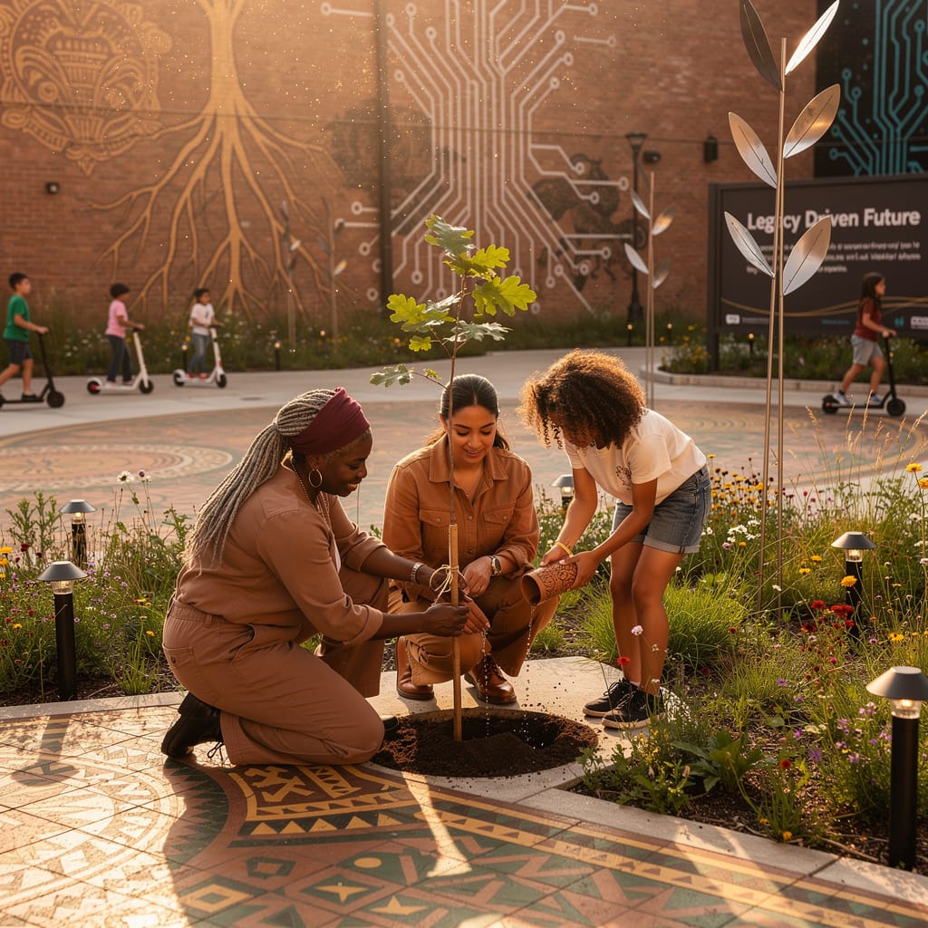 Three generations of women plant a young oak tree together in warm evening light, expressing pride in working‑women communities and the legacy of strength, care, and continuity that shapes modern American belonging.