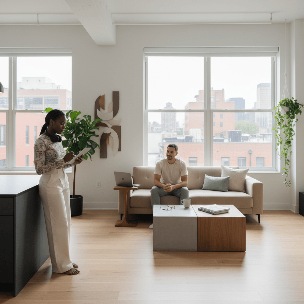 Two partners share a modern loft, each calmly engaged in separate activities yet connected through quiet awareness, depicting emotional safety in relationships where individuality and closeness harmonize.