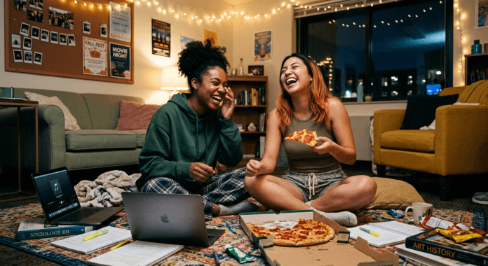 Two college roommates laugh together on their dorm floor under warm string lights, sharing pizza and late‑night joy that gently illustrates the journey from roommates to soulmates through trust, laughter, and authentic connection.