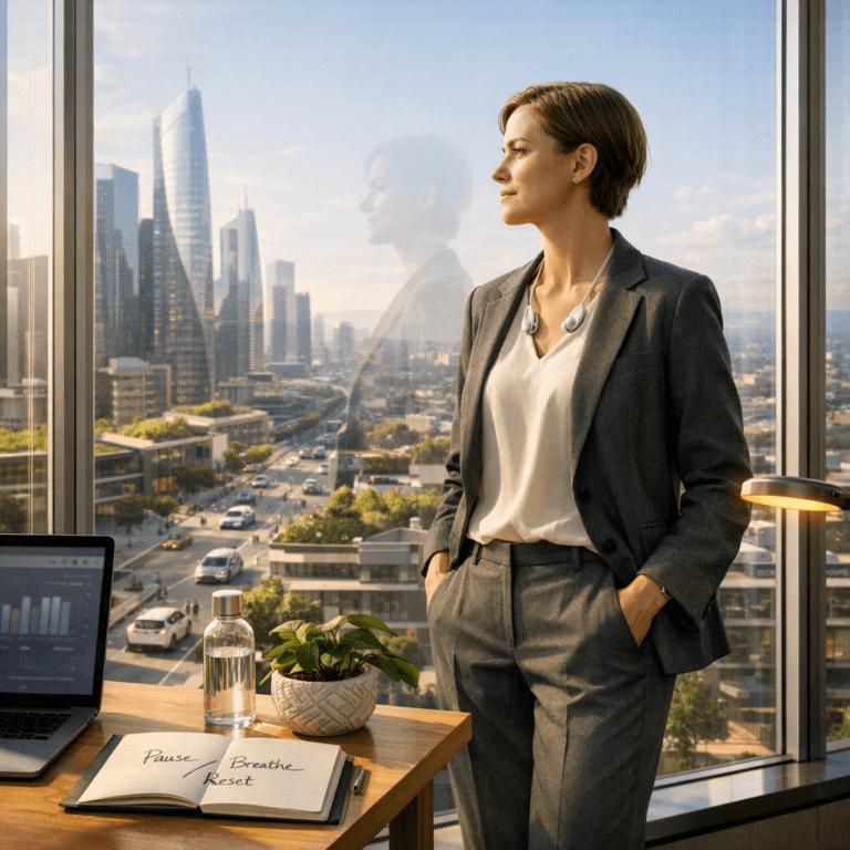 An American professional takes a mindful pause beside tall office windows overlooking the city skyline, reflecting emotional agility in America calm focus and balance within a fast‑moving modern world.