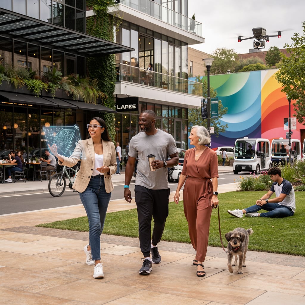 A diverse trio of people walks across a car‑free city plaza framed by cafés and green space, embodying emotional agility in America—balanced, tech‑savvy lives grounded in connection, composure, and optimism.
