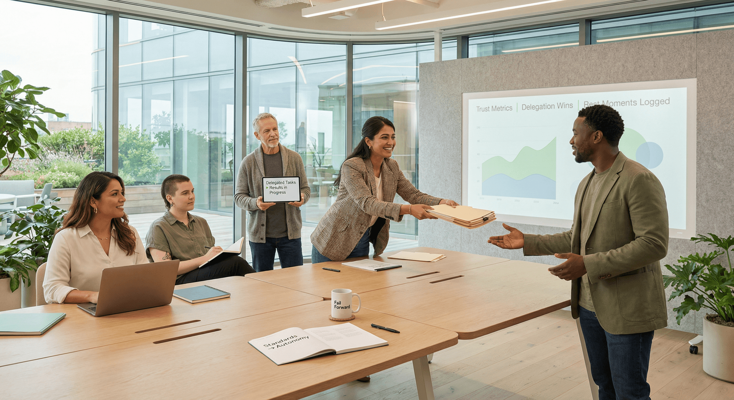 A South‑Asian team leader smiles while handing project folders to a colleague in a bright modern meeting room, illustrating delegating without guilt and the confidence to share responsibility through trust and balance.