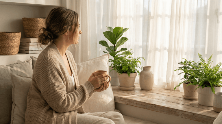 A person sits by a sunlit window, quietly holding a mug amid calm morning light that reflects everyday mindfulness.