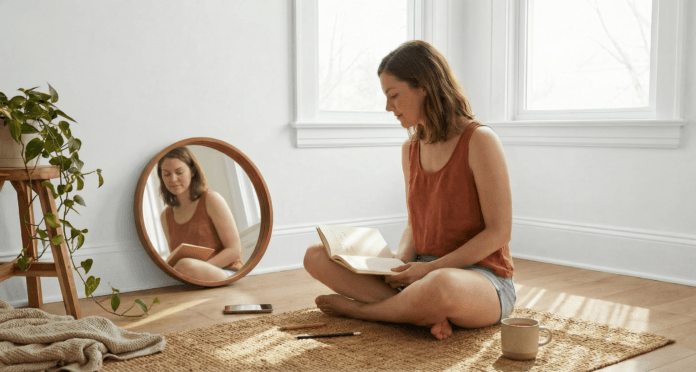 morning-reflection-self-compassion-and-self-image.jpg A woman sits cross‑legged on her apartment floor journaling beside a round mirror, her calm reflection lit by golden sunlight, illustrating self‑compassion and self‑image as quiet acceptance and mindful self‑connection.
