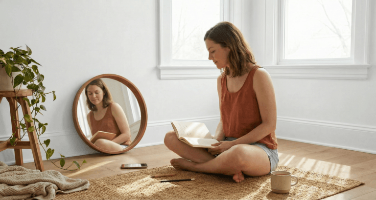 A woman sits cross‑legged on her apartment floor journaling beside a round mirror, her calm reflection lit by golden sunlight, illustrating self‑compassion and self‑image as quiet acceptance and mindful self‑connection.