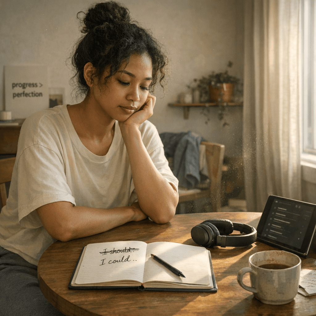 A woman sits at a sunlit kitchen table, crossing out “I should” and rewriting “I could” in her notebook, embodying unlearning the busy badge through self‑reflection, calm awareness, and the permission to slow down.