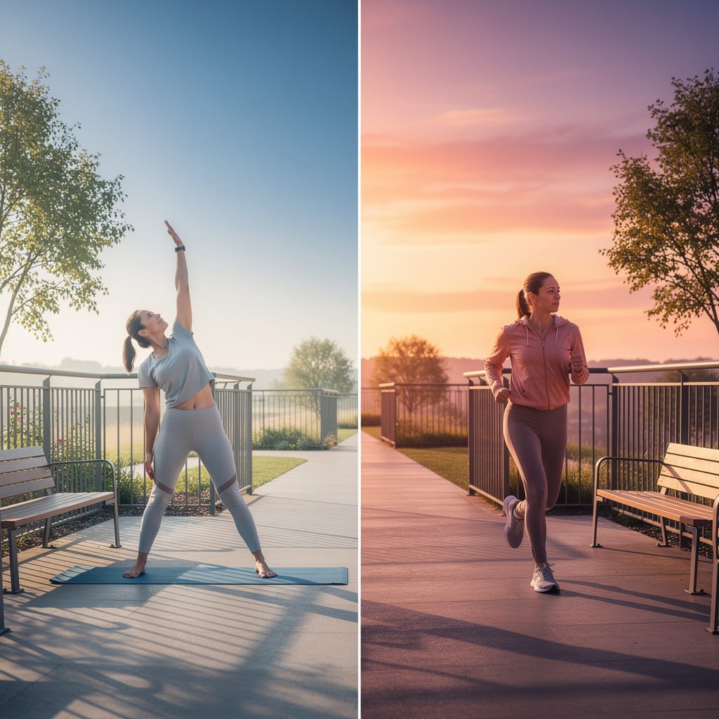 A two‑panel image contrasts a person stretching in cool morning light with another jogging at warm sunset, showing balance between morning and evening workouts.