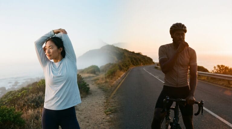A split‑scene photo shows one person jogging in soft morning light and another cycling at sunset, illustrating balance in morning vs evening workouts.