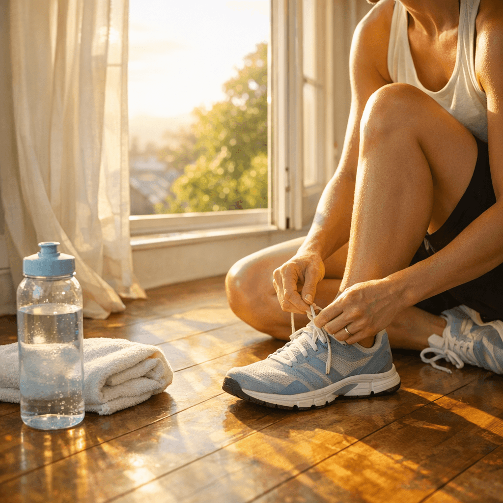 A person ties their running shoes beside an open window glowing with morning sunlight, capturing calm motivation and early energy typical of morning workouts.