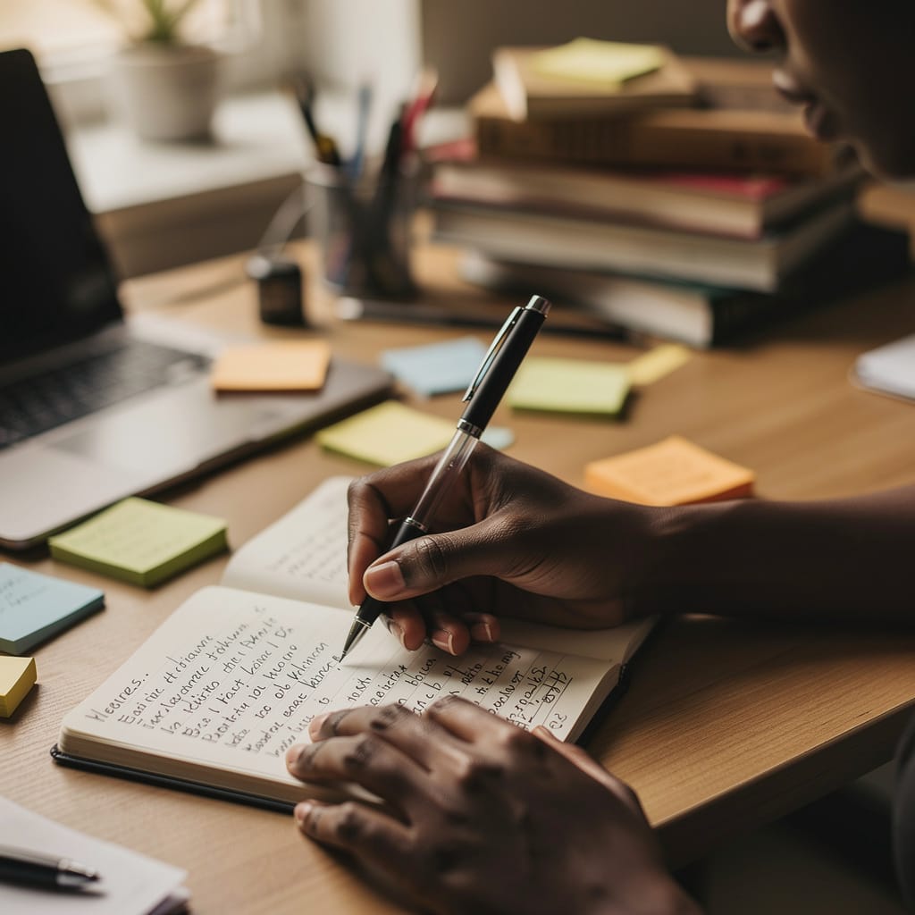 A close‑up shows a person quietly journaling, expressing emotions through writing to understand and calm their feelings.