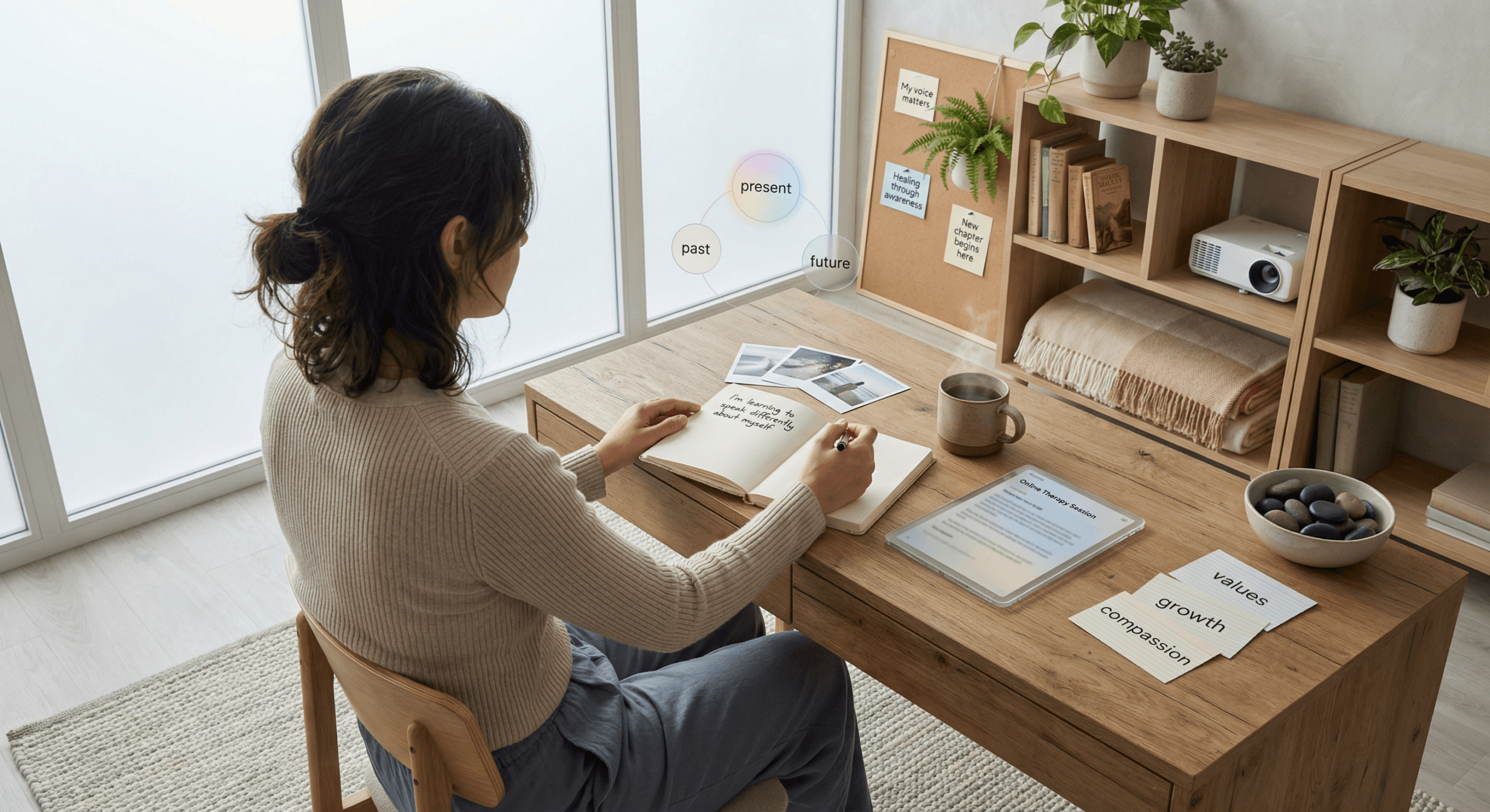 A person writes in a sunlit studio, surrounded by affirming notes and calming textures, illustrating authentic identity and belonging in America through the practice of narrative therapy—rewriting one’s story with self‑compassion, awareness, and renewal.