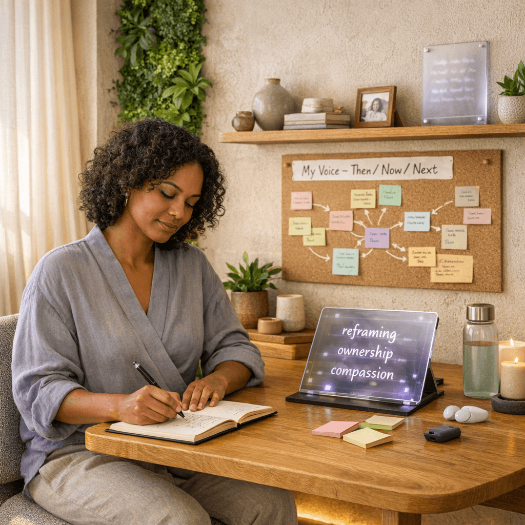 A person writes reflectively in a bright, plant‑filled home studio surrounded by calming textures and affirming notes, expressing authentic identity and belonging in America through narrative therapy and mindful self‑redefinition.