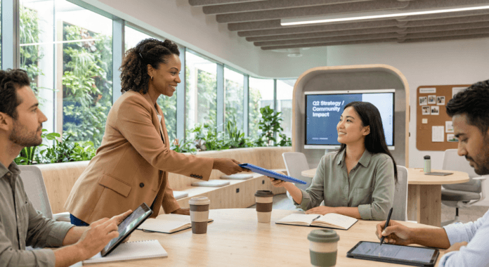 A team leader smiles as she hands a project folder to a colleague in a bright, sustainable office, illustrating delegating without guilt   leadership grounded in trust, teamwork, and confident collaboration.