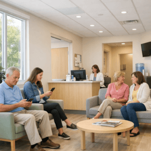 A calm waiting room scene shows a few people quietly checking phones or chatting, reflecting steady outpatient and emergency visit patterns.