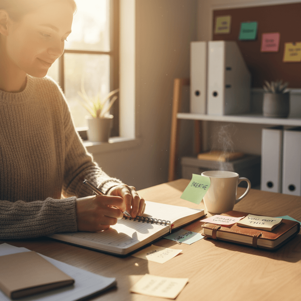 A person smiles softly while writing in a small planner beside gentle sunlight and notes that read “breathe” and “small wins,” symbolizing practical ways to overcome common barriers.