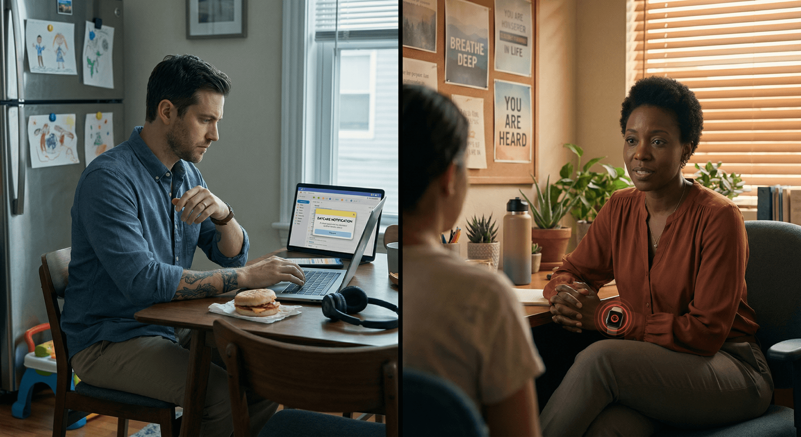 A split image shows a Boston professional pausing mindfully over morning work and a Phoenix school counselor calmly guiding a student, together reflecting emotional agility in America balancing care, technology, and composure in everyday life.