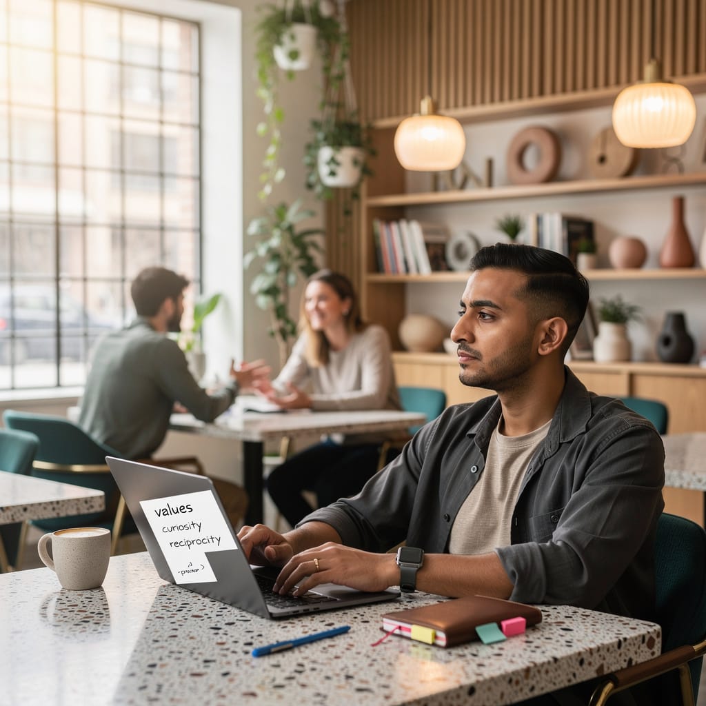 A person pauses in reflection at a modern café table, laptop showing notes on values and reciprocity, symbolizing the psychology behind intentional dating—a mindful balance of curiosity, emotional maturity, and connection.