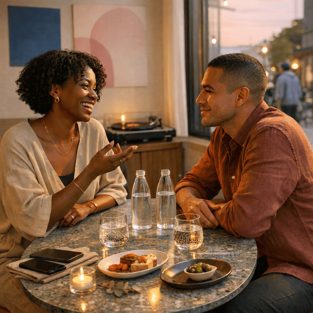 Two stylish people share relaxed conversation at a sunlit café table, phones face‑down and gestures open, capturing intentional dating through presence, curiosity, and mindful first‑date connection