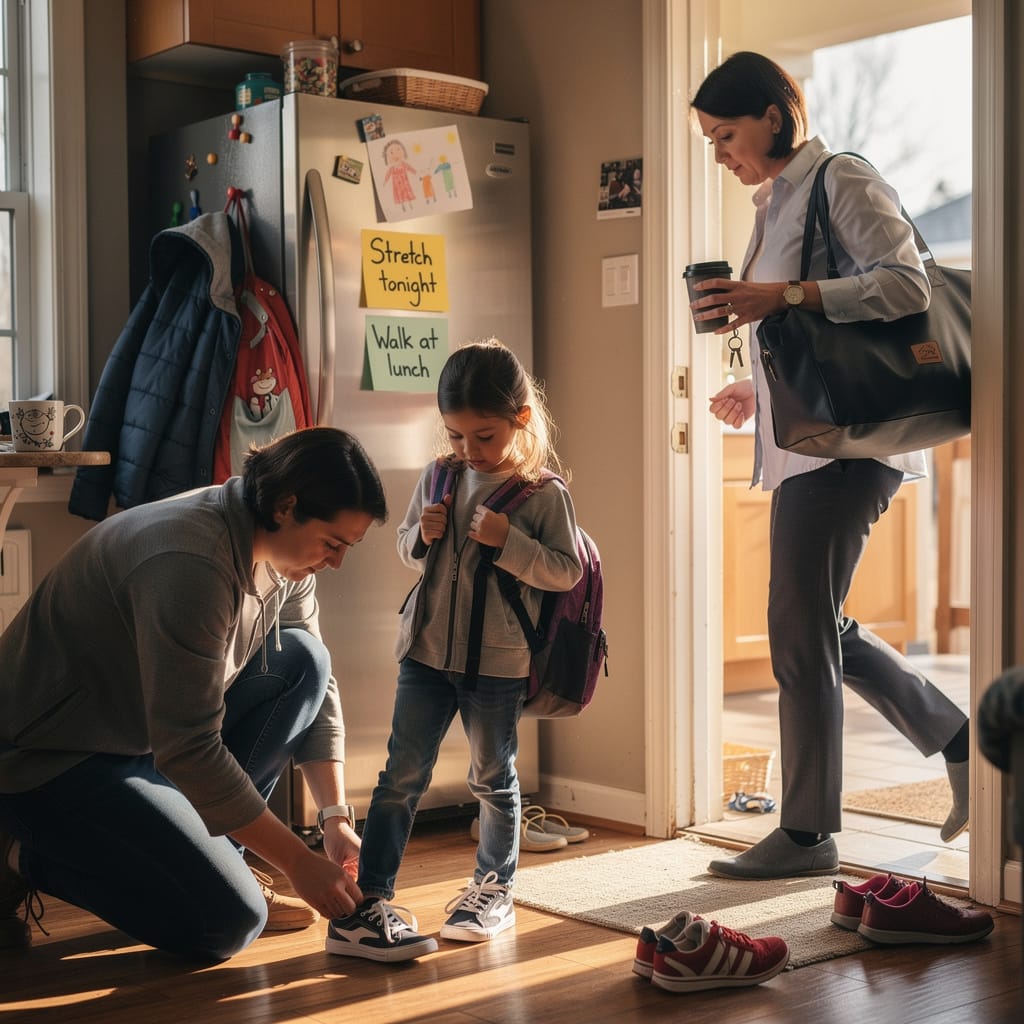 A parent ties shoes while a child packs a backpack, with a fridge note reading “Stretch tonight” or “Walk at lunch,” symbolizing flexible fitness amid daily routines.