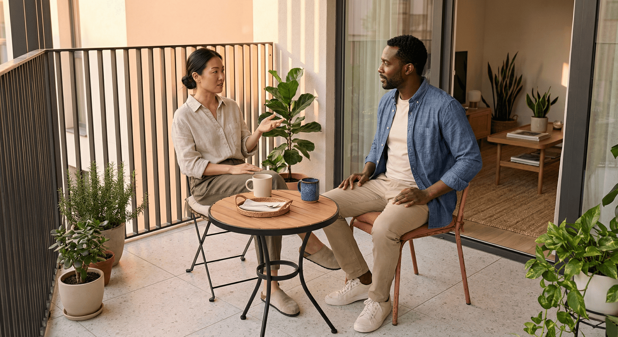 Two partners talk quietly on a shaded balcony in late‑afternoon light, their relaxed postures and attentive expressions illustrating emotional intelligence in relationships through calm regulation during conflict.