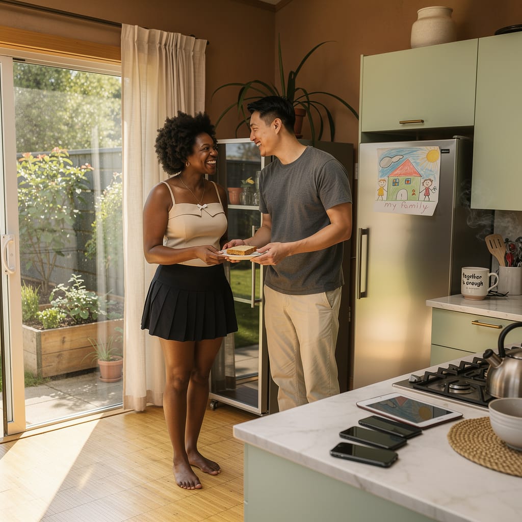 Two partners share a quiet laugh while passing toast in a sun‑lit kitchen, expressing thriving in America through belonging found in small, mindful moments of everyday connection.