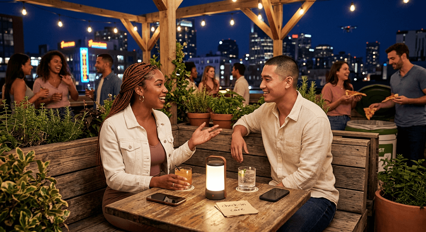 Two young adults talk warmly on a softly lit rooftop patio, their relaxed intimacy reflecting campus hookup culture evolving into mindful communication and mutual respect beyond fleeting connection.