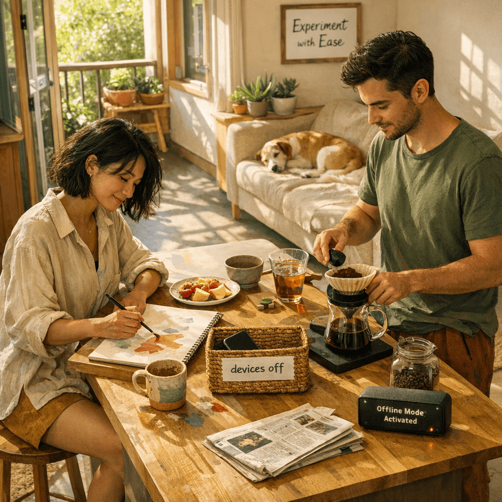 A multi‑racial couple spends a slow Saturday morning painting and making coffee with phones set aside, modeling a second shift survival plan of rest, creativity, and digital sabbath for balanced modern living.
