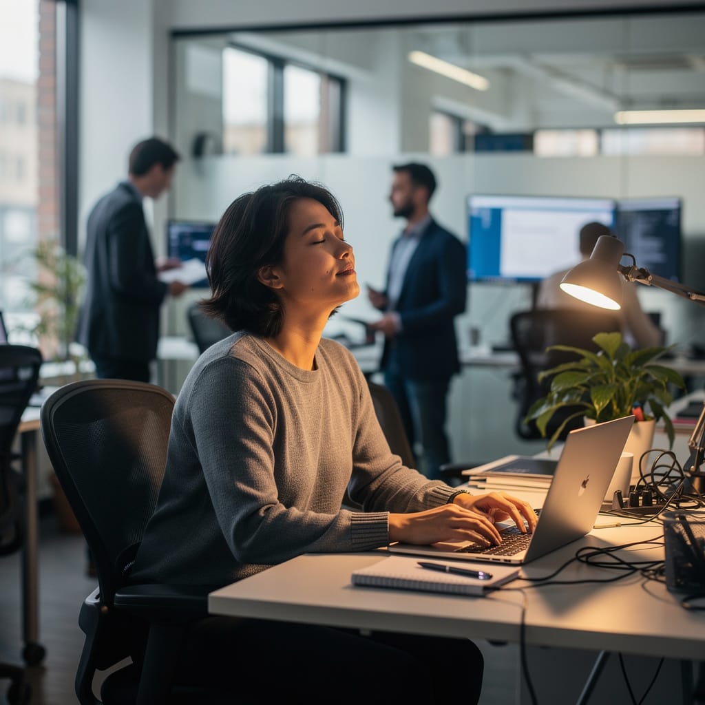 A person in a busy modern workspace closes their eyes beside a laptop, taking a deep breath for a mental reset.