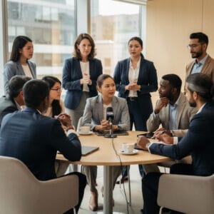 A diverse group of professionals sits around a table in discussion, their attentive expressions reflecting thoughtful stakeholder reactions.