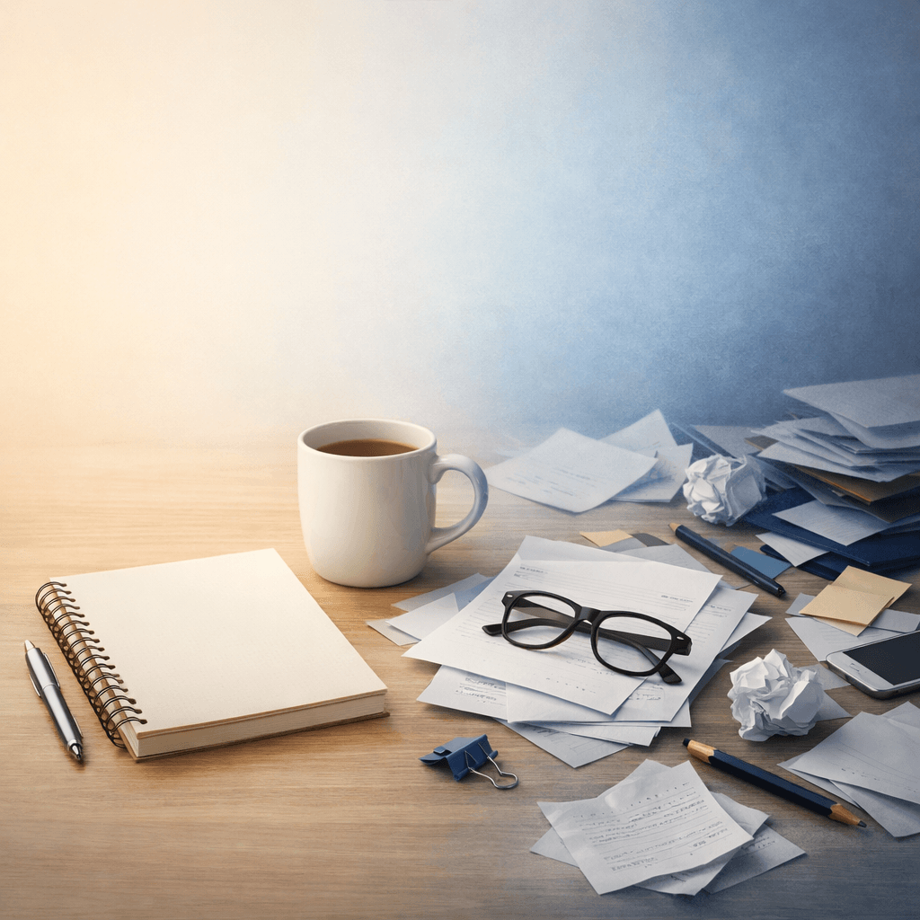 A soft gradient image transitions from a bright, organized desk scene to cooler, gently cluttered tones, symbolizing the continuum from stress to overwhelm to anxiety.