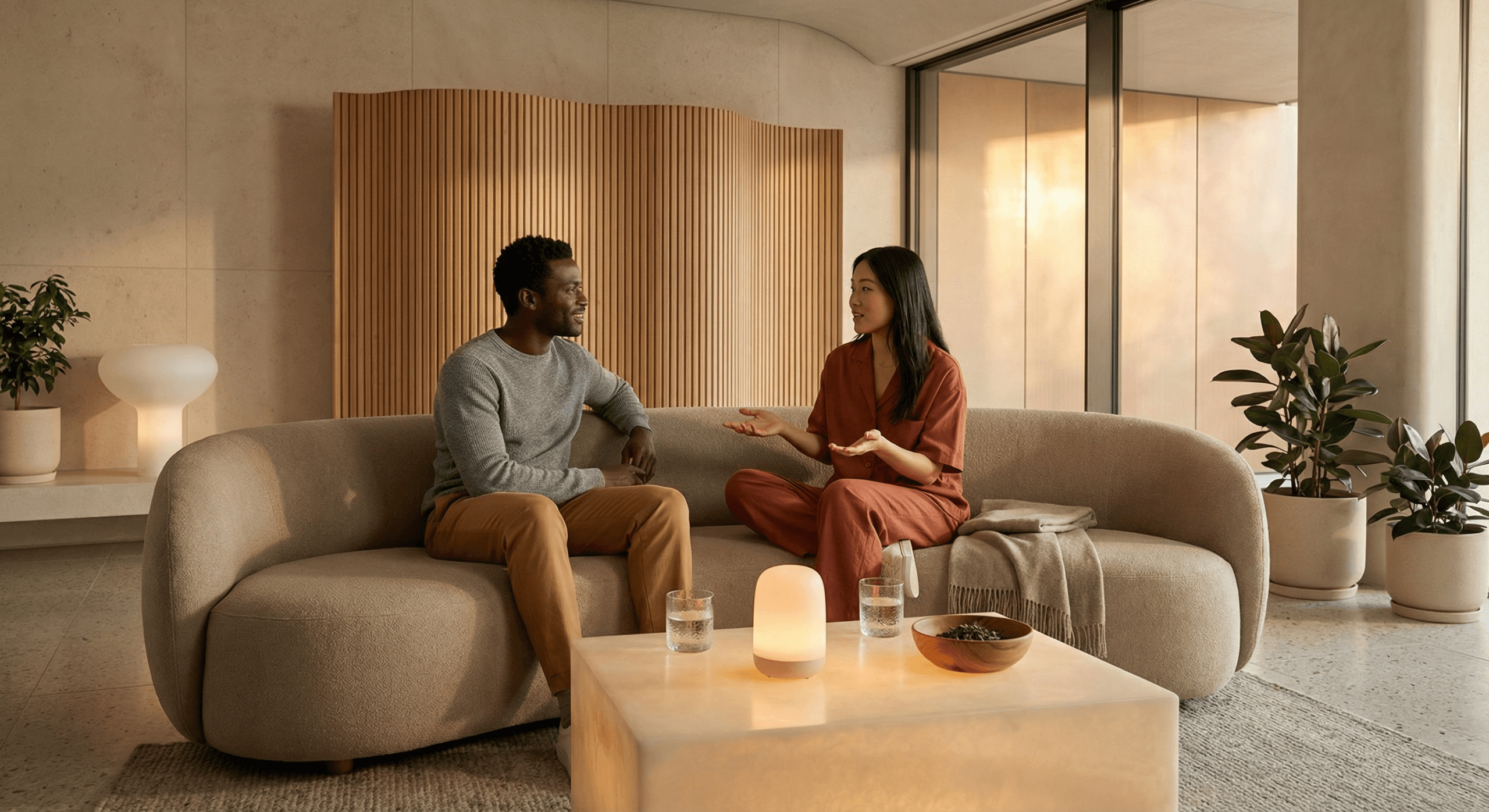 Two partners sit on a curved sofa bathed in soft light, turning gently toward each other as they speak and listen—an intimate example of couple communication grounded in empathy, curiosity, and calm understanding.