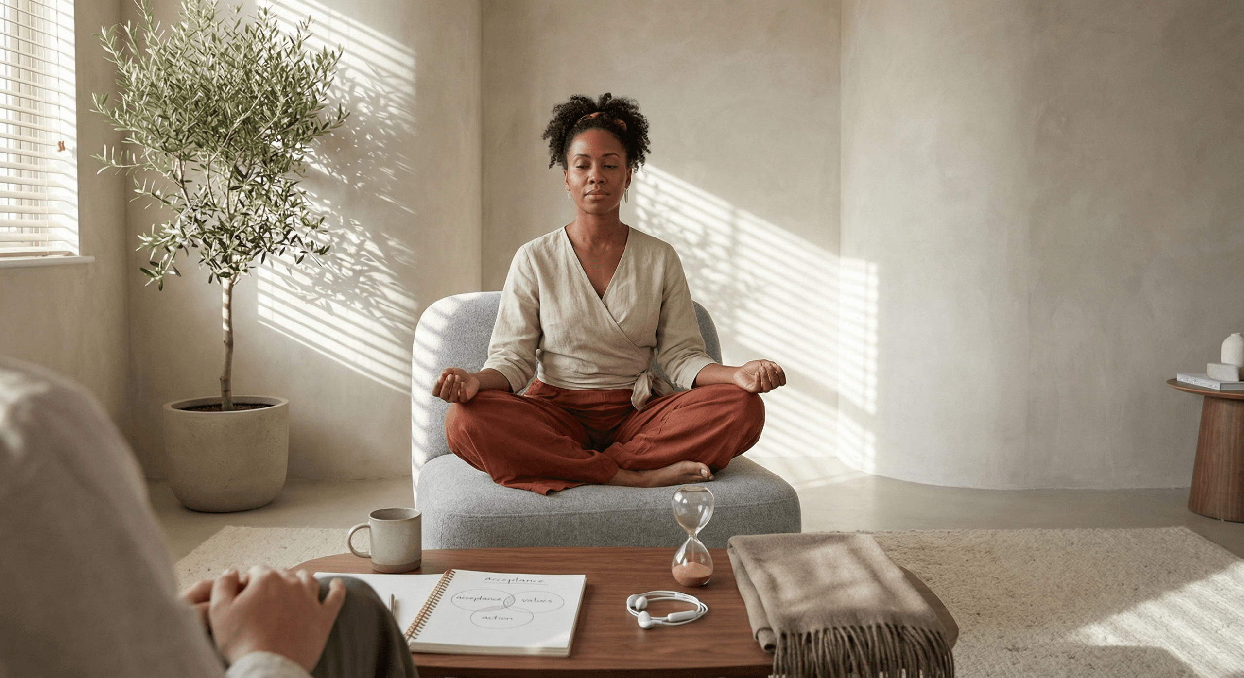 A woman sits calmly in a sunlit therapy studio, hands resting on her knees as she listens with quiet reflection, embodying the strength to ask for help and the courage to find calm through mindful openness.