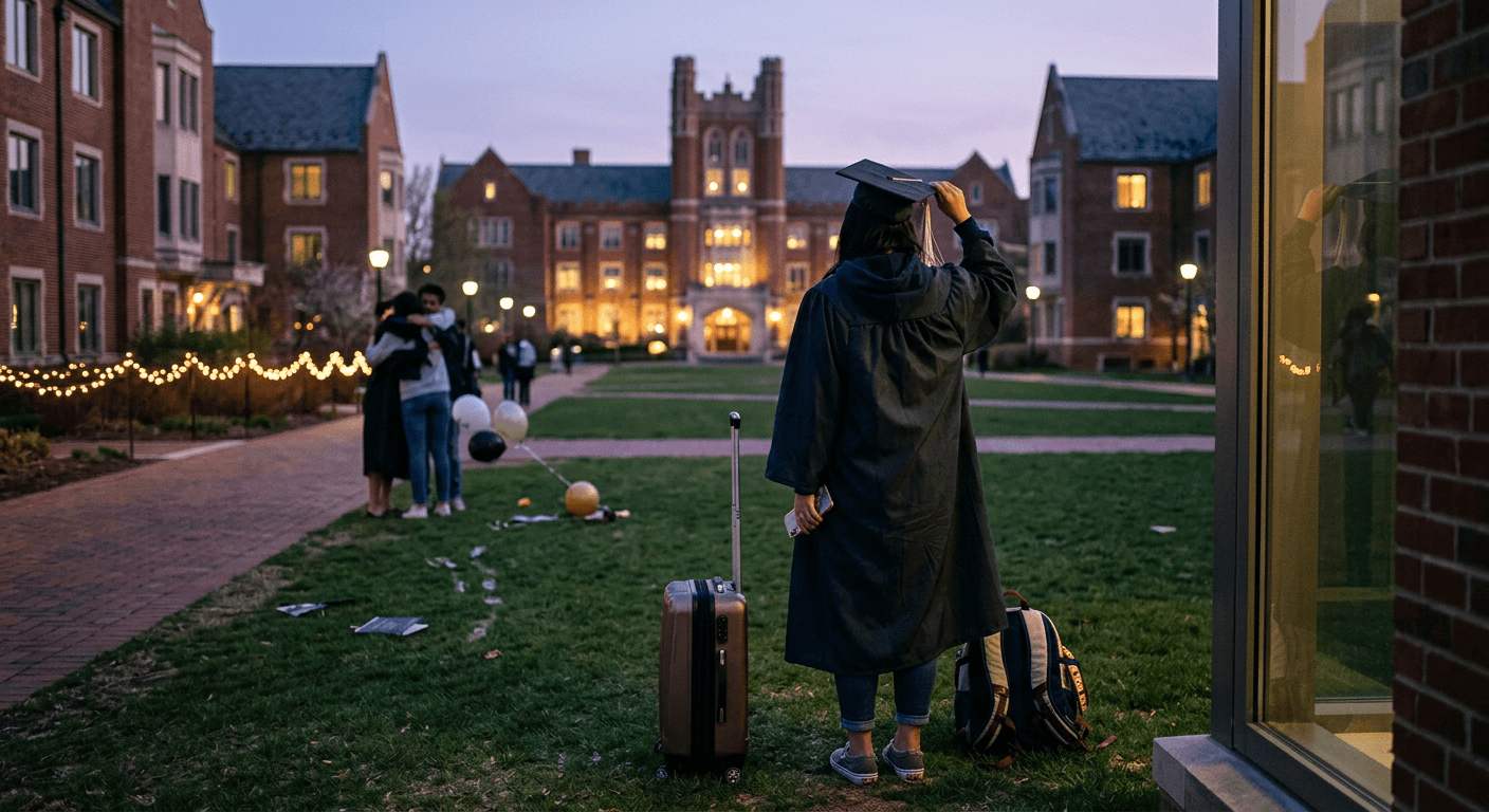 A young graduate stands on an empty twilight campus holding her phone beside a small suitcase, capturing relationship transitions after college as she pauses between student life and adulthood, memory and movement.
