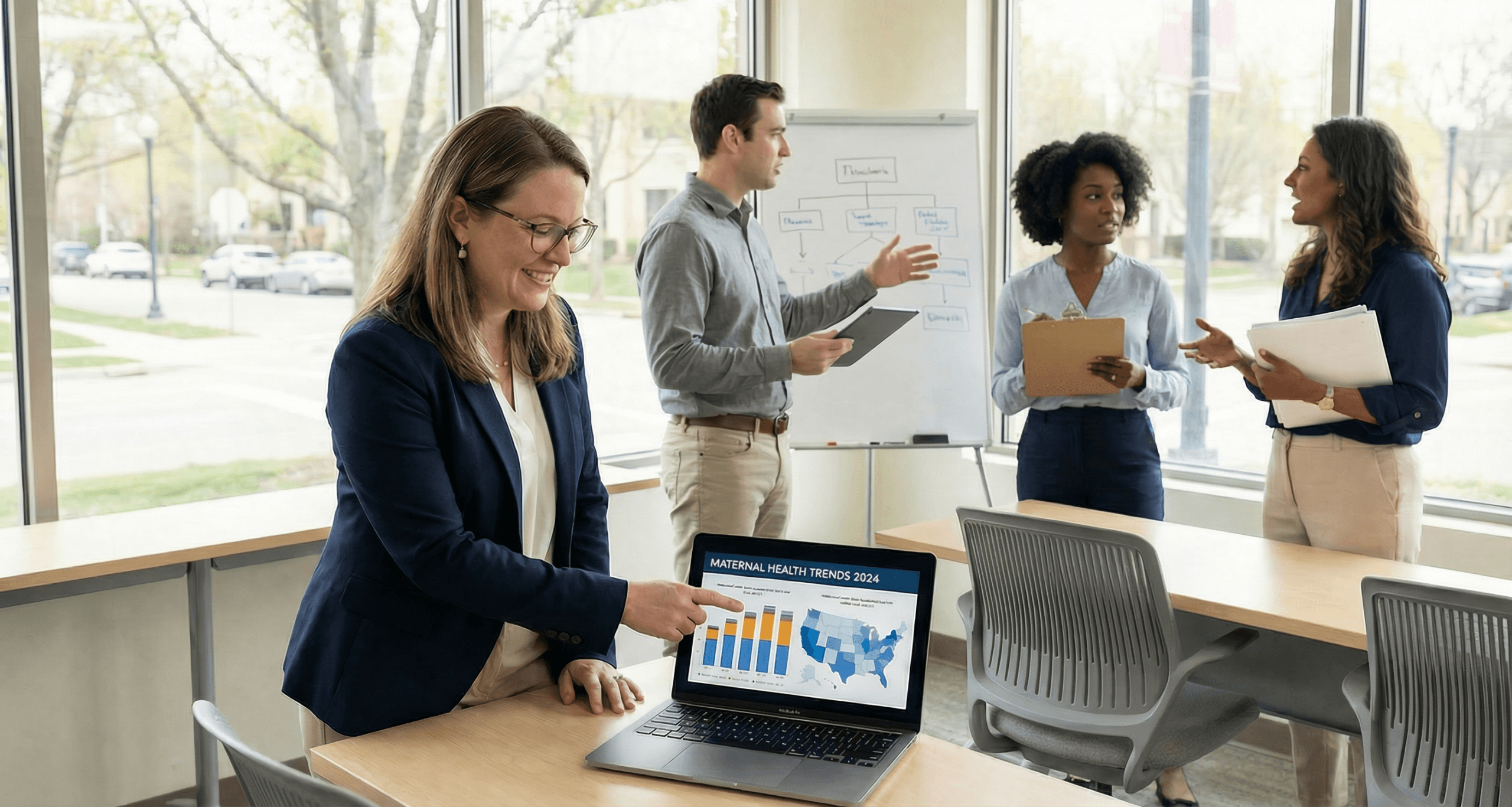 A public‑health analyst reviews maternal‑health data on a laptop while colleagues discuss charts and maps nearby, illustrating collaboration and data‑driven action.