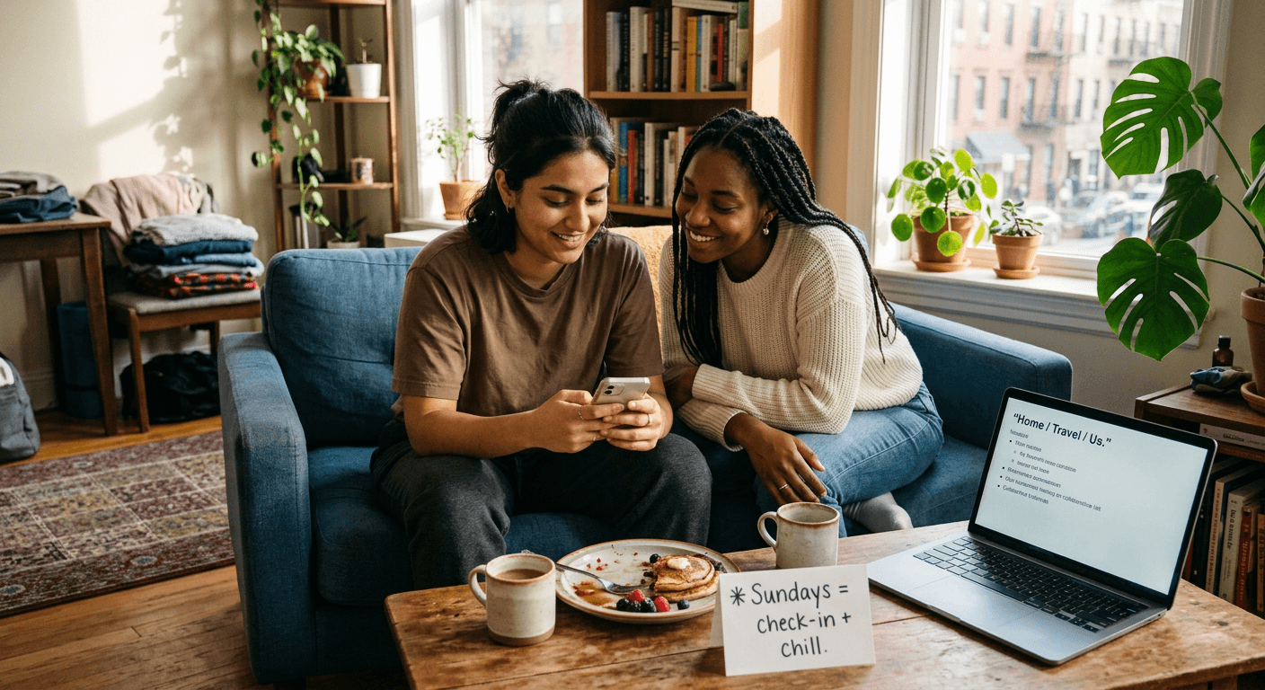 A mixed‑race couple relaxes on a sunlit apartment sofa sharing brunch and quiet laughter, reflecting relationship transitions after college as love matures from early chaos into calm, intentional partnership.