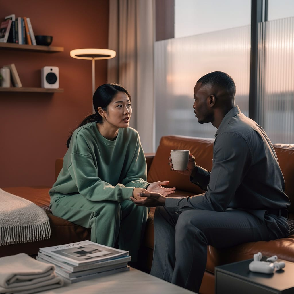 Two partners sit close on a caramel‑leather sofa bathed in soft dusk light, one speaking vulnerably while the other offers calm, open presence an intimate moment illustrating emotional safety in relationships through grounded empathy.