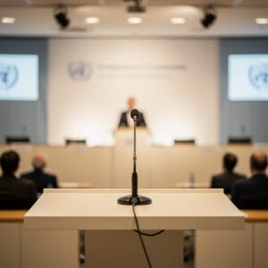 A neutral speaker stands at a well‑lit podium in Geneva before a blurred audience, symbolizing a collective call for global health unity.
