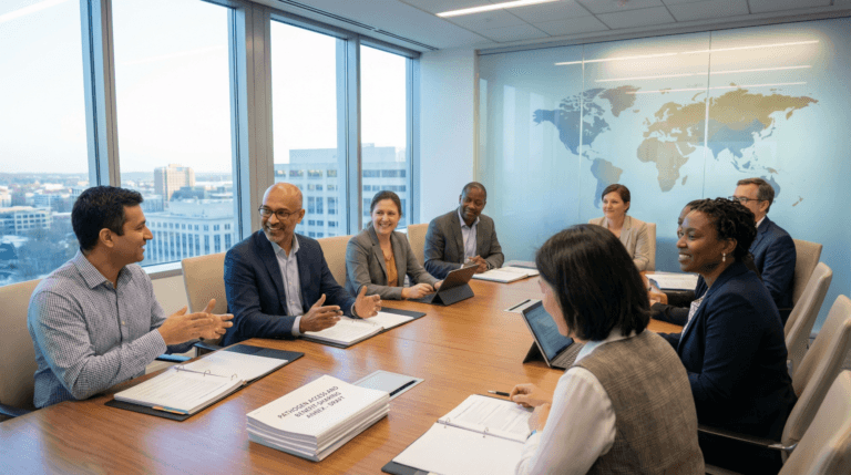 International public‑health experts sit around a bright conference table reviewing Pathogen Access and Benefit‑Sharing Annex documents, symbolizing global cooperation and transparency.