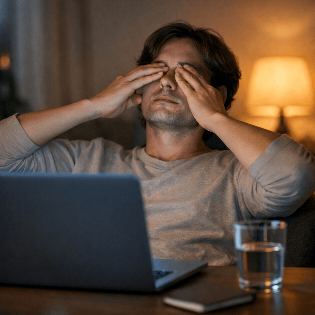 A person leans back slightly from a softly glowing laptop, rubbing their eyes in gentle fatigue under warm background light, showing everyday digital tiredness.