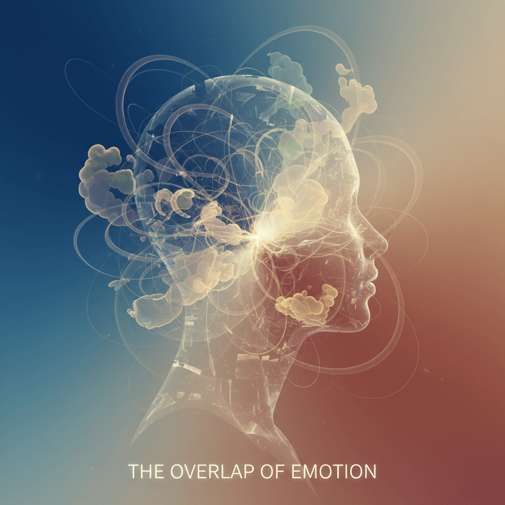 A human profile appears against a softly blended background of blue and warm tones with gentle overlapping shapes, symbolizing how the brain confuses anxiety and overwhelm.