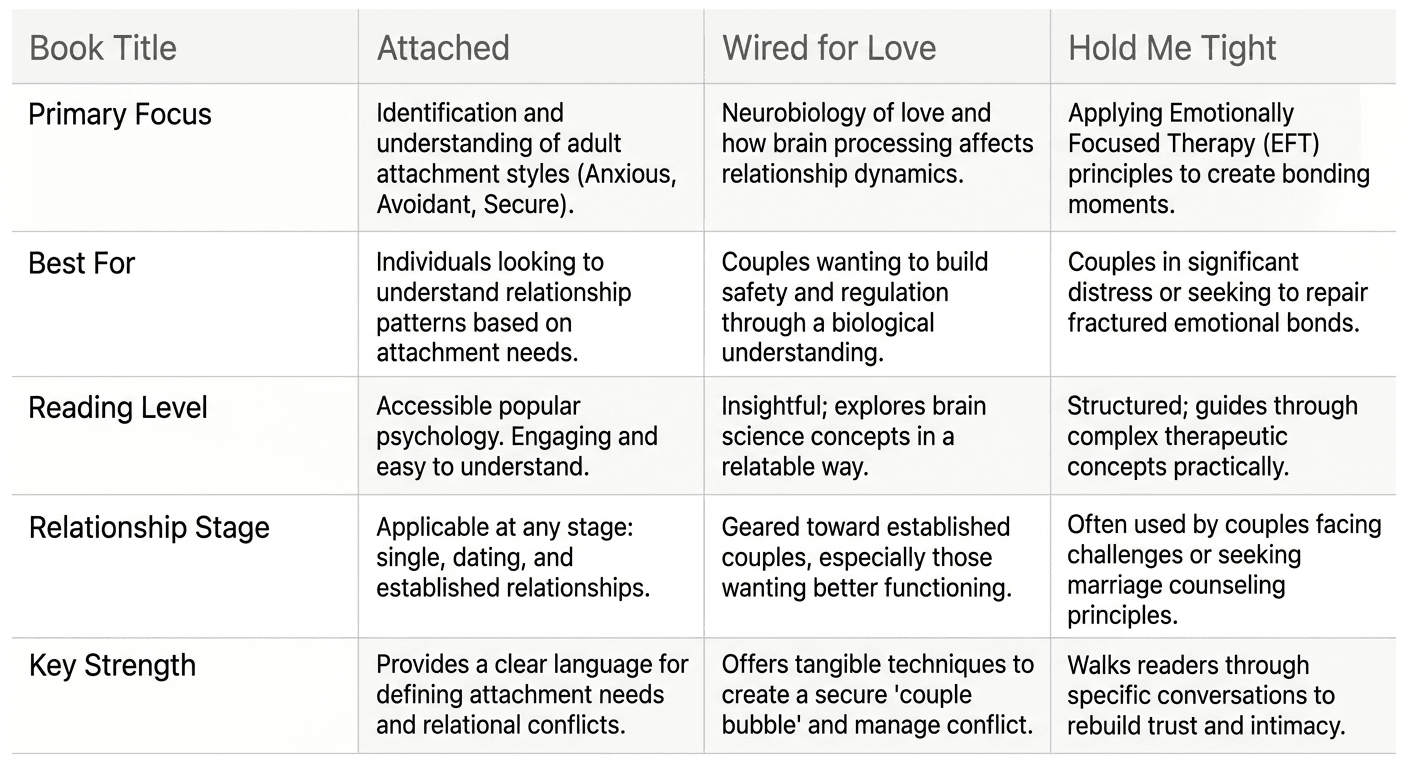 Comparison chart showing Attached, Wired for Love, and Hold Me Tight across primary focus, target reader, difficulty level, relationship stage, and strengths